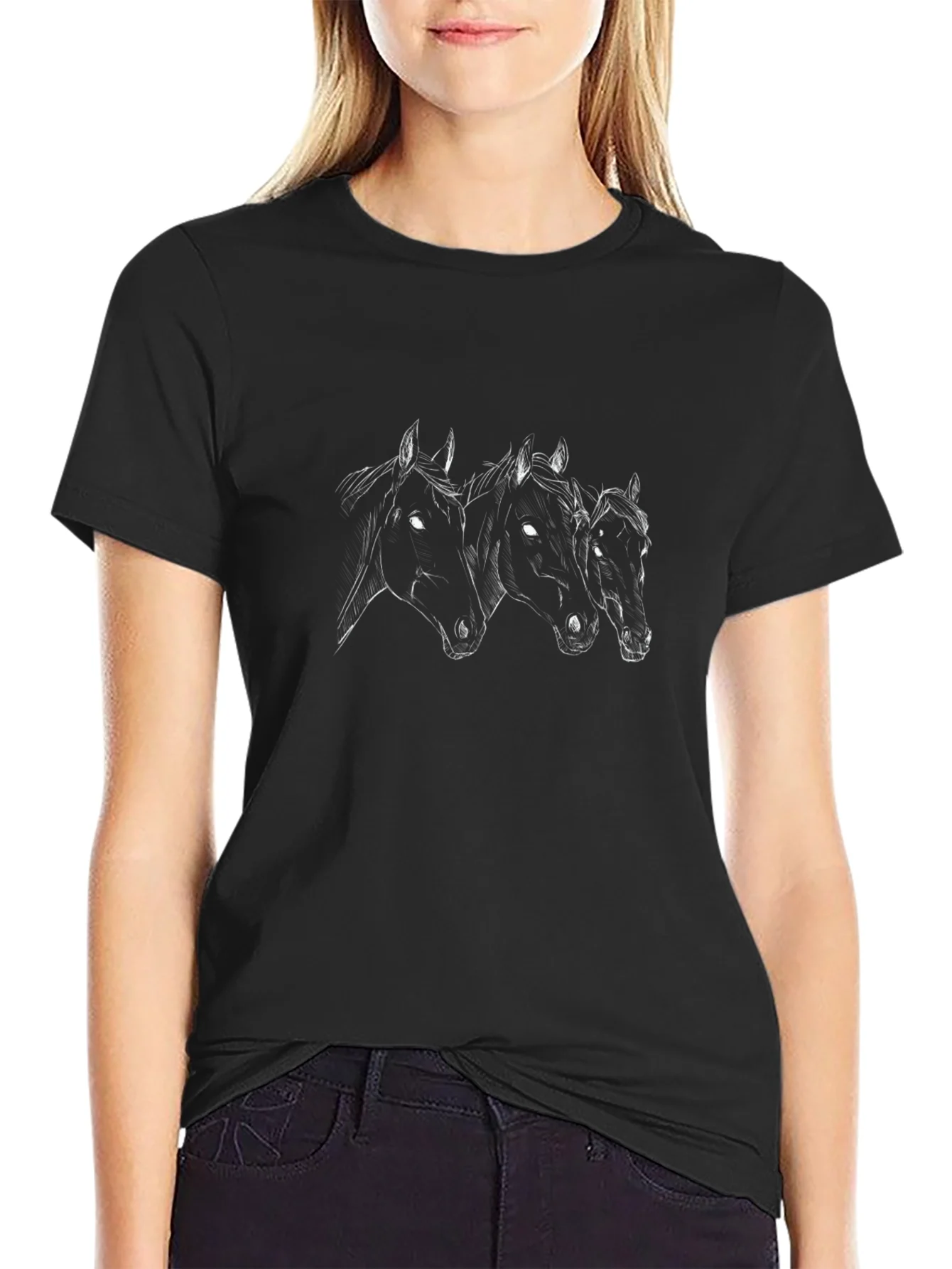 Horse Trio Graphic Tee - Black Cotton Blend T-Shirt