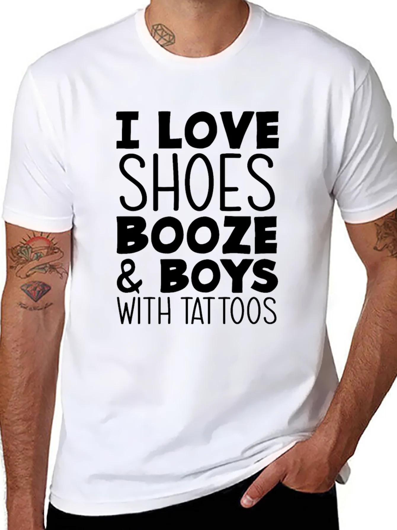 I Love Shoes Booze & Boys with Tattoos Black Graphic T-Shirt