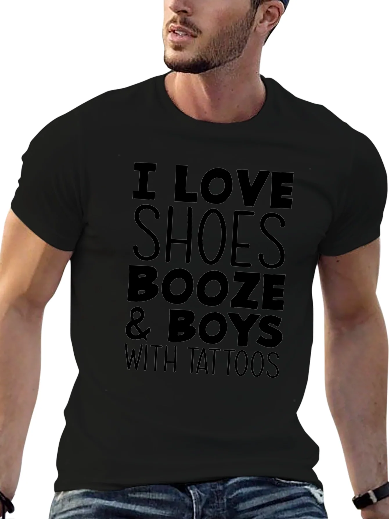 I Love Shoes Booze & Boys with Tattoos Black Graphic T-Shirt