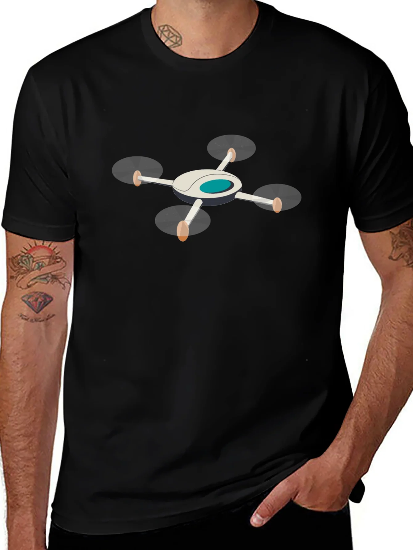 Drone Graphic Tee - Black Cotton T-Shirt for Tech Enthusiasts