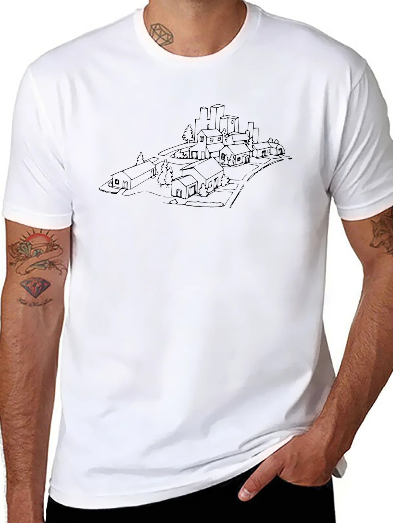 Urban Sketch Black T-Shirt - Cityscape Design