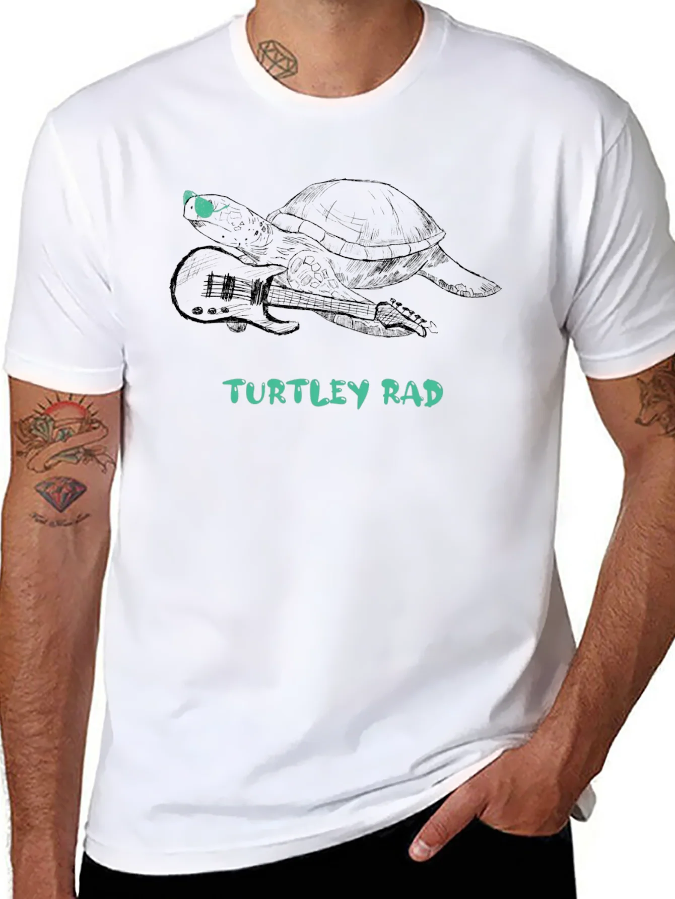 Turtley Rad Graphic Tee - Cool Turtle with Guitar Shirt